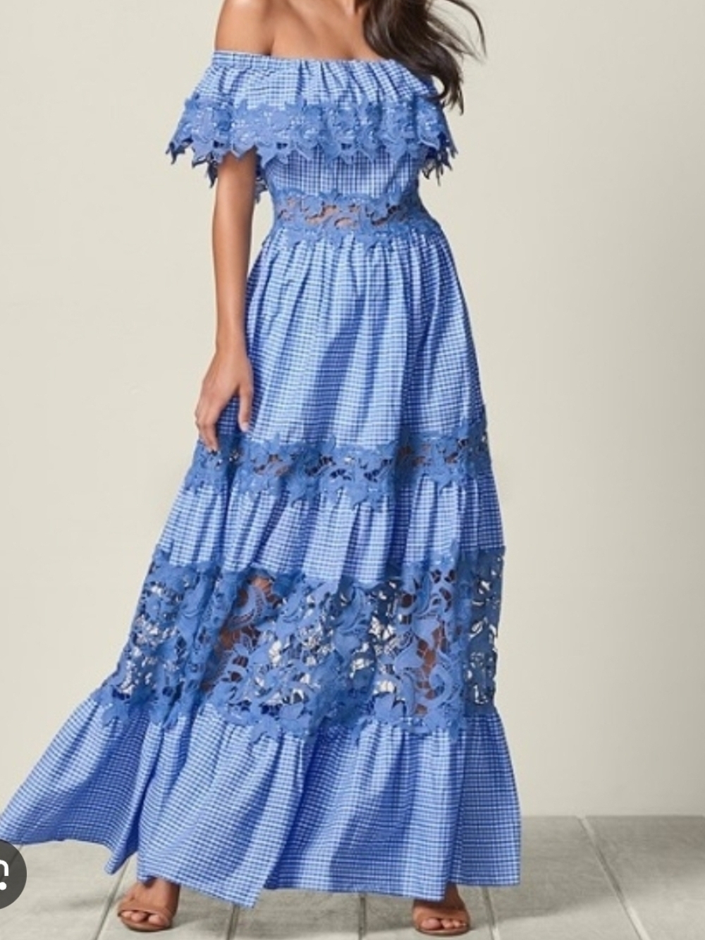 VENUS Blue Gingham Maxi Dress with Crochet Trim